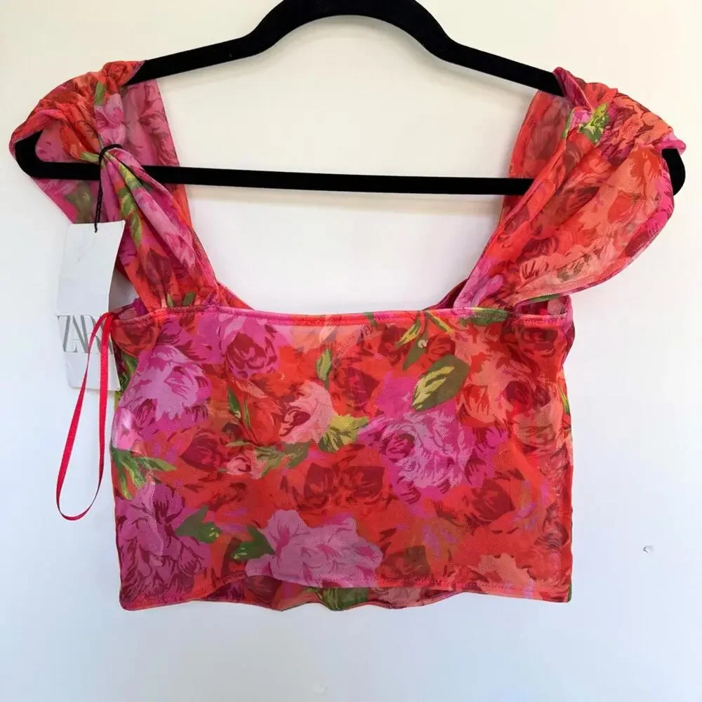 Zara Floral Tulle Bustier Corset Style Cap Sleeve Top - Picture 7 of 8